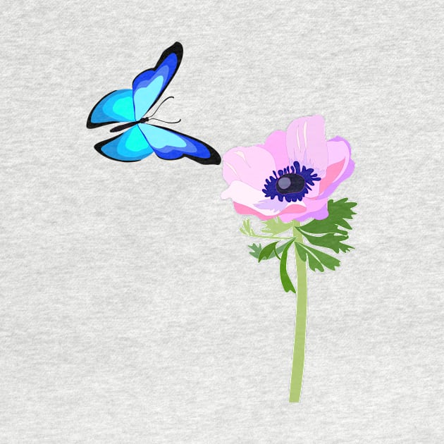 Blue butterfly and pink anemone flower by Orangerinka